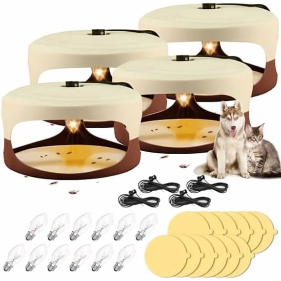 Flea Trap 4 Packs-Flea Traps for Inside Your Home, Friendly Light Trap for Indoor & Garage with 12 Sticky Disc 12 Bulbs 4 Electric Wires Bed Bug with Light for Indoor Safe to Pets & Human (Brown)