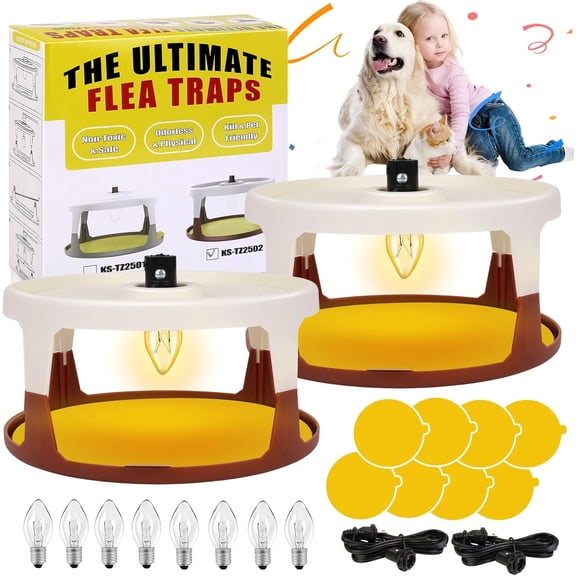Flea Traps for Home Indoor, 2 Pack Flea Killer with 8 Sticky Pads & 8 Light Bulbs, Non-Toxic Pest Control for Fleas, Bed Bugs, Gnats, Spiders - Safe for Kids Pets