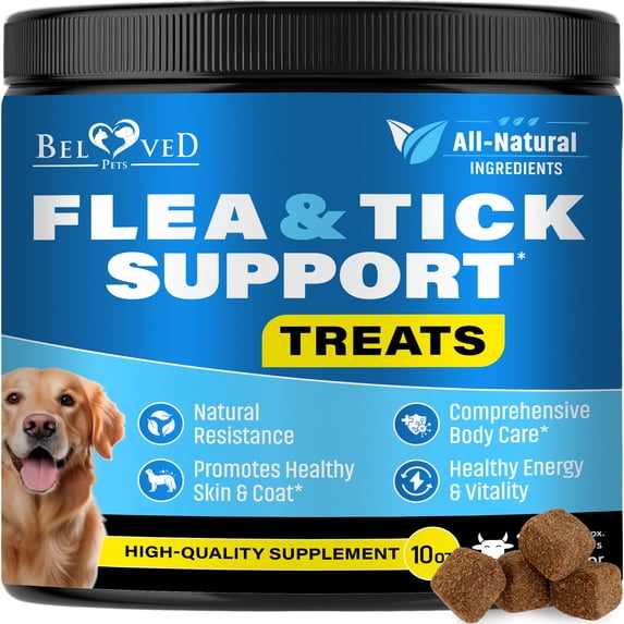 Beloved Pets Flea and Tick Support Chews for Dogs and Cats - Skin & Coat Natural Defense & Resistance for All Breeds Beef Flavor, 10 oz