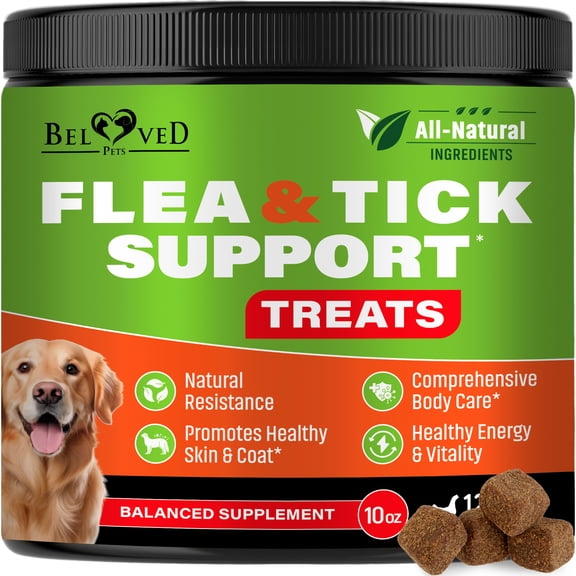 Beloved Pets Flea and Tick Support Chews for Dogs and Cats - Skin & Coat Natural Defense & Resistance for All Breeds Chicken Flavor, 10 oz