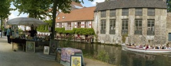 Flea market at a canal Dijver Canal Bruges West Flanders Belgium Canvas Art - Panoramic Images (30 x 12)