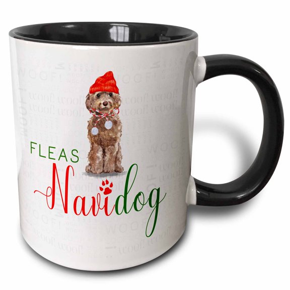 3drose, Fleas Navidog Funny Christmas Brown Cockapoo with a Holiday Bow, 11oz Two-tone Black Mug