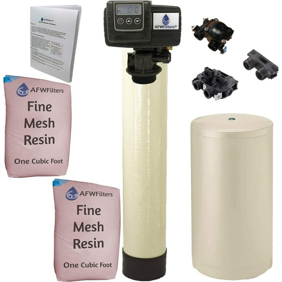 Fleck 64k 1 Inch, Almond Fine Mesh Resin Whole House Water Softener System 5600sxt Digital Meter Grain-includes bypass valve & brine tank with safety float