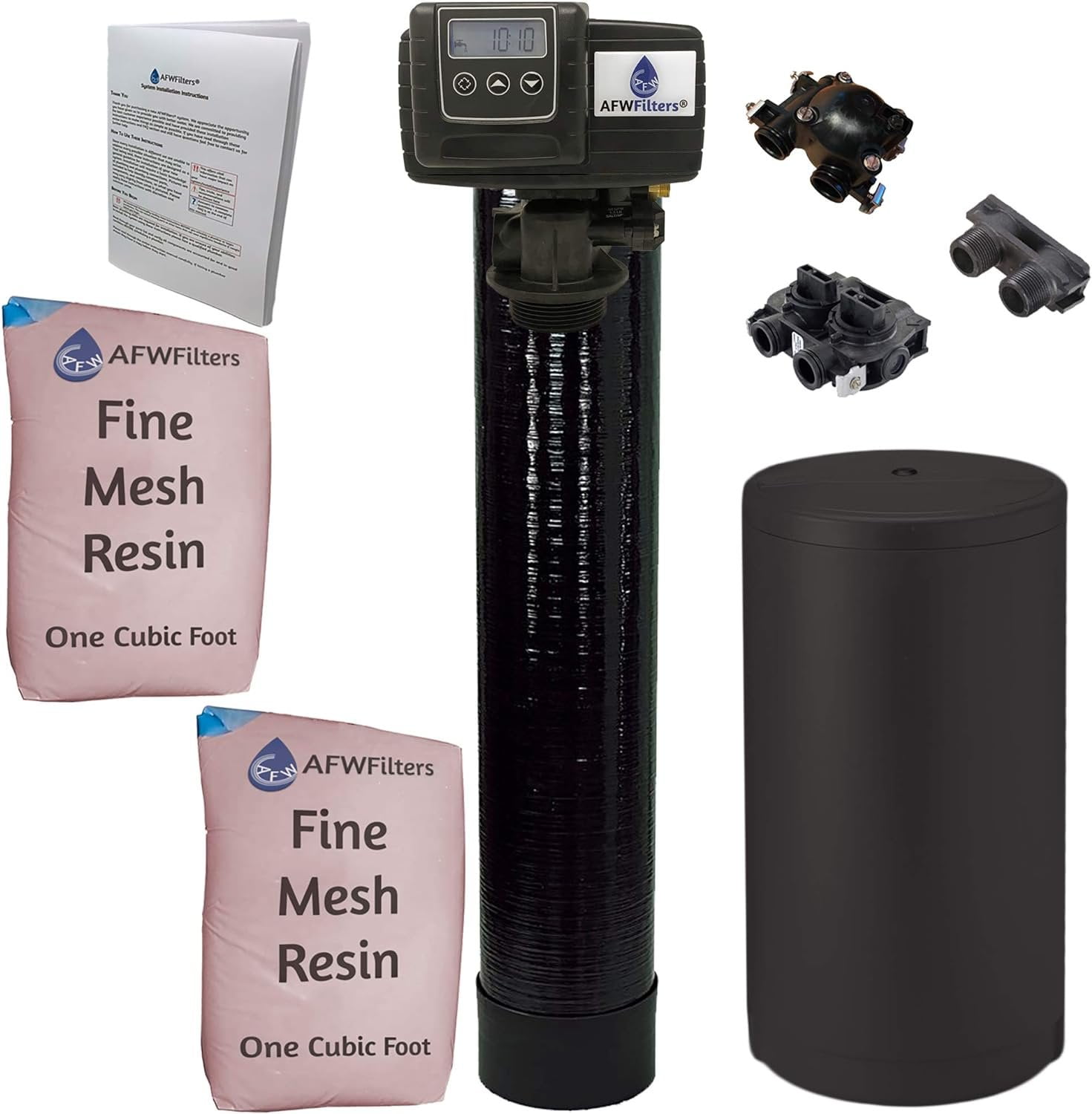 Fleck Whole House Water Softener System 5600sxt Digital Meter Grain-includes valve & brine tank with safety float 1 Inch Yoke, Black Fine Mesh Resin, 64K 1" Bypass