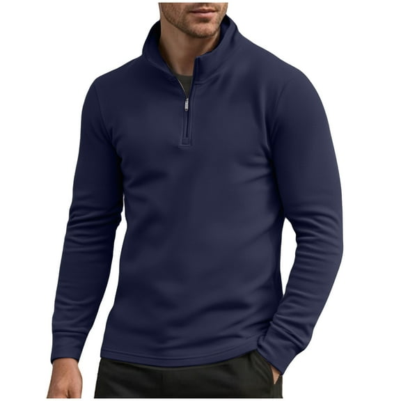 Fleece 1/4 Zip Pullover for Men Causal Fall Winter Soft Velvet Thermal Base Sweaters Long Sleeve Stand Collar Tops (XL, Navy)