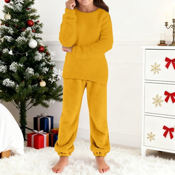 Fleece 2 Piece Outfits for Girls Fuzzy Pants Set Sweatsuits Furry Pullover Sweatshirt Long Sleeve Warm Sweatpants (Orange, 11-12 Years)