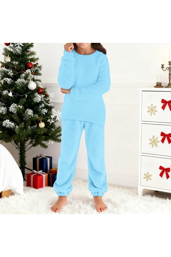Fleece 2 Piece Outfits for Girls Fuzzy Pants Set Sweatsuits Furry Pullover Sweatshirt Long Sleeve Warm Sweatpants (Sky Blue, 9-10 Years)