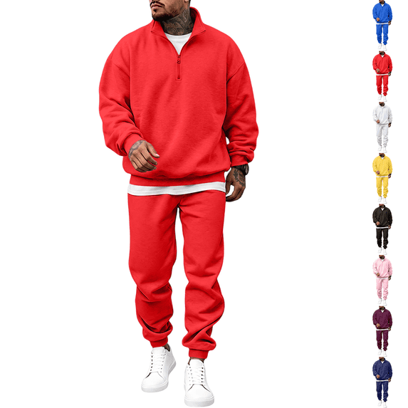 Fleece 2 Piece Tracksuit Set Mens Polo Shirts Athletic Sweatsuit Quarter Zip Jogging Long Sleeve Casual Sports Outfits Red M