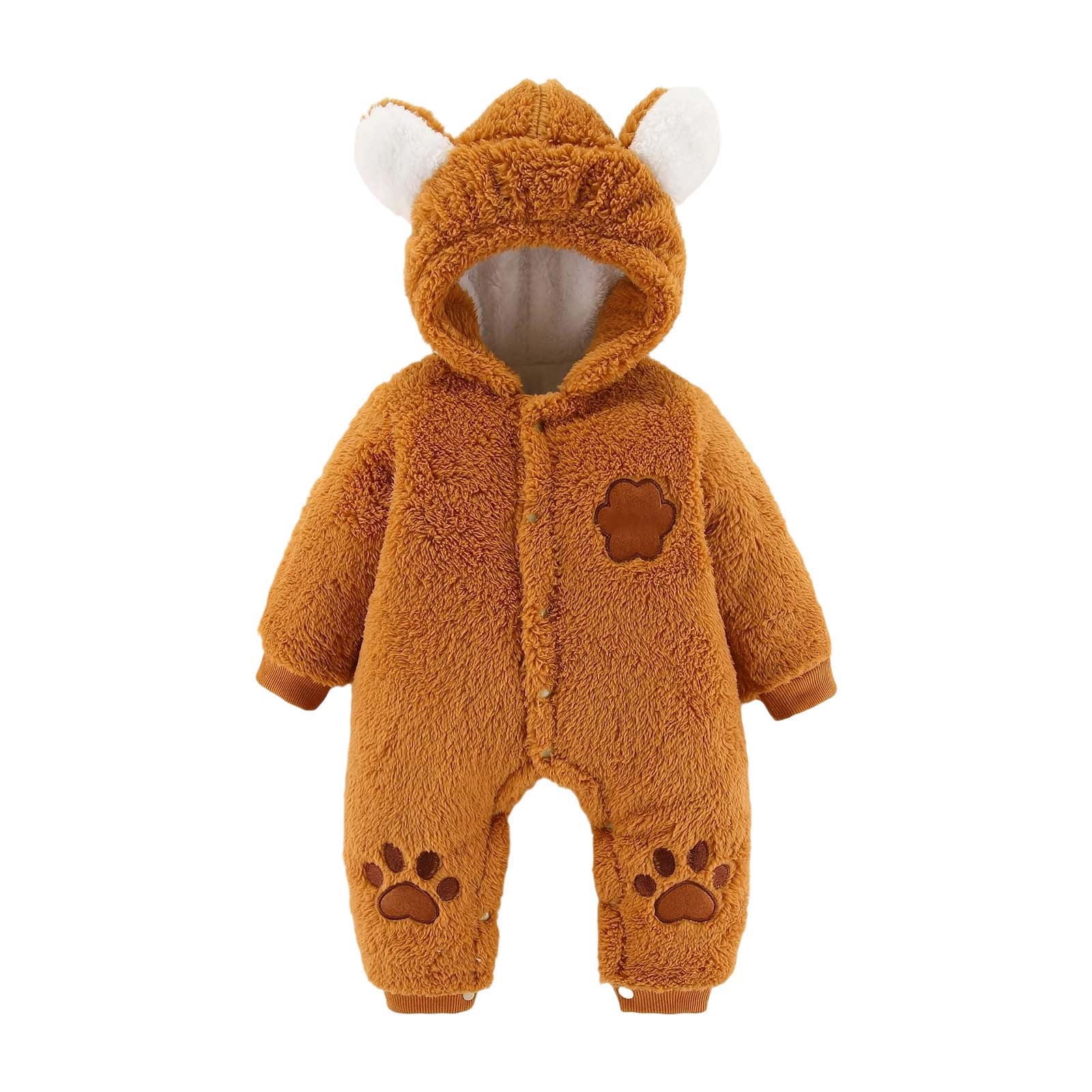 Fleece Baby Onesies Brown Newborn Onesie Long Sleeve Button down Hooded Jumpsuit Romper with Bear Ears Baby Snow Suit Baby Clothes Girl 10-12 months