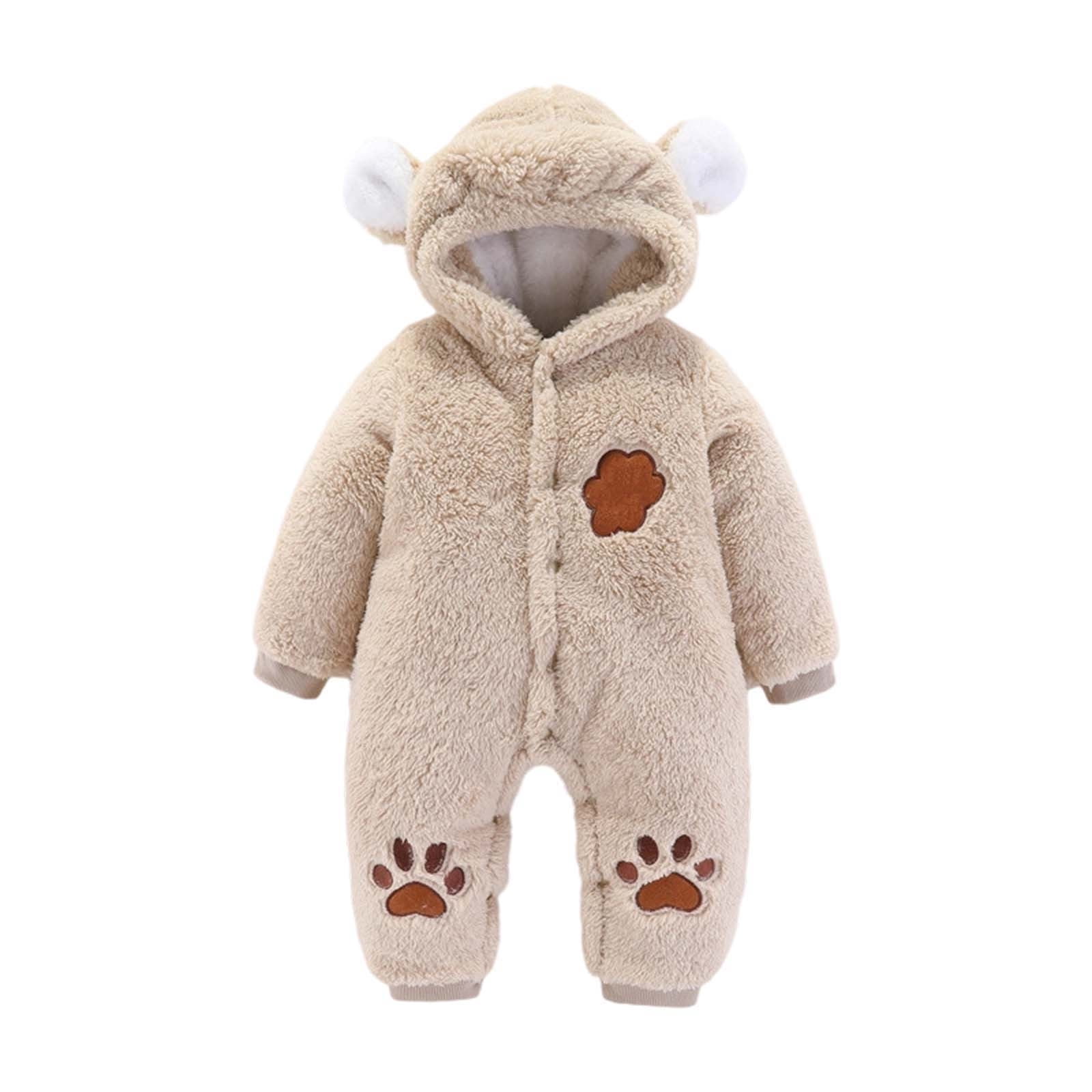 Fleece Baby Onesies Khaki Onesie Long Sleeve Button down Hooded Jumpsuit with Bear Ears Baby Snow Suit Newborn Baby Clothes Boy 1-3 months