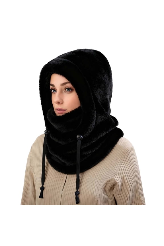Balaclava Fuzzy Ski Mask For Women Warm Winter Hats For Women Ski Face Cover Integrated Ear Protection Windproof Winter Hats For Women Black L