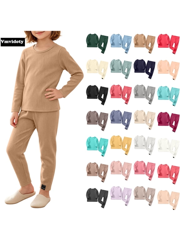 Fleece Base Layers Kids Ribbed Thermal Underwear Set Round Neck Long Sleeve Soft Base Layer Sleepwear For Boys Girls(Coffee, 7-8 Years)