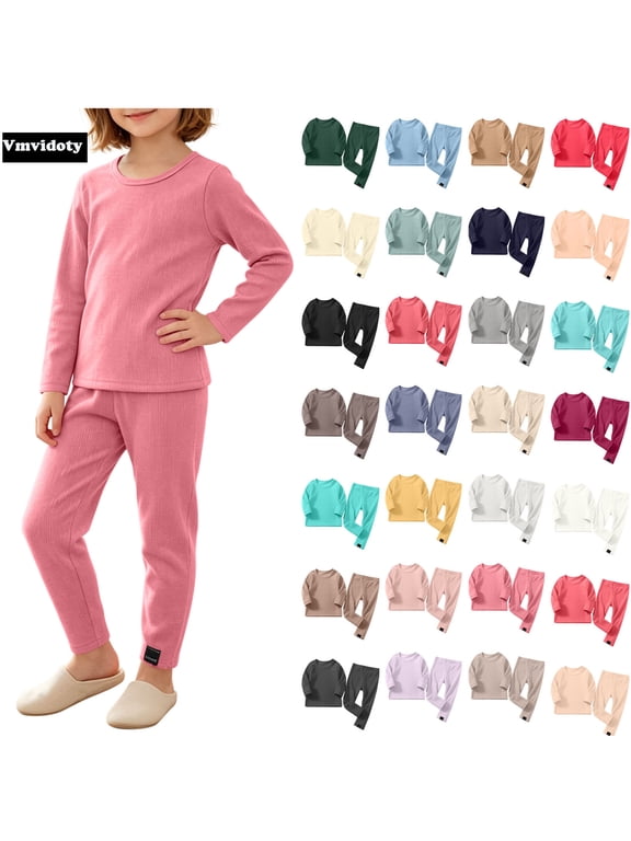 Fleece Base Layers Kids Ribbed Thermal Underwear Set Round Neck Long Sleeve Soft Base Layer Sleepwear For Boys Girls(Hot Pink, 7-8 Years)