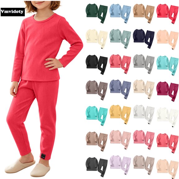 Fleece Base Layers Kids Ribbed Thermal Underwear Set Round Neck Long Sleeve Soft Base Layer Sleepwear For Boys Girls(Red, 7-8 Years)