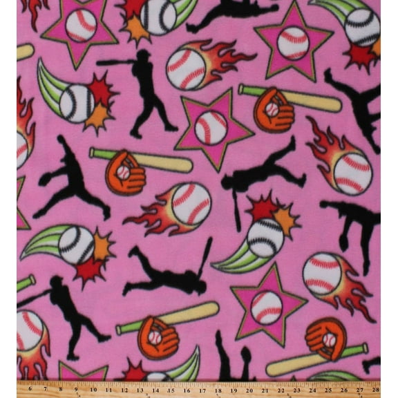 Fleece Baseballs Bats Gloves Balls Baseball Players Pitchers Stars on Pink Girls Sports Fleece Fabric Print by the Yard (5809M-7B-pink)