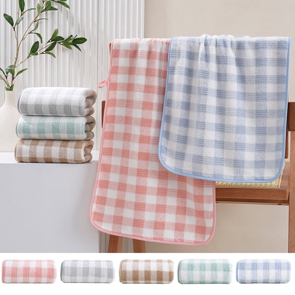 Fleece Bath Towel with Hanging Loop, Super Absorbent Thickened Checkered Towel for Bathroom, Face and Hand Towels for Home Use