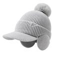 thumbnail image 1 of Fleece Beanie Hats with Earflaps Visor Brim Winter Knit Ski Cap Winter Hats for Women Pom Pom Ball Gray One Size, 1 of 5