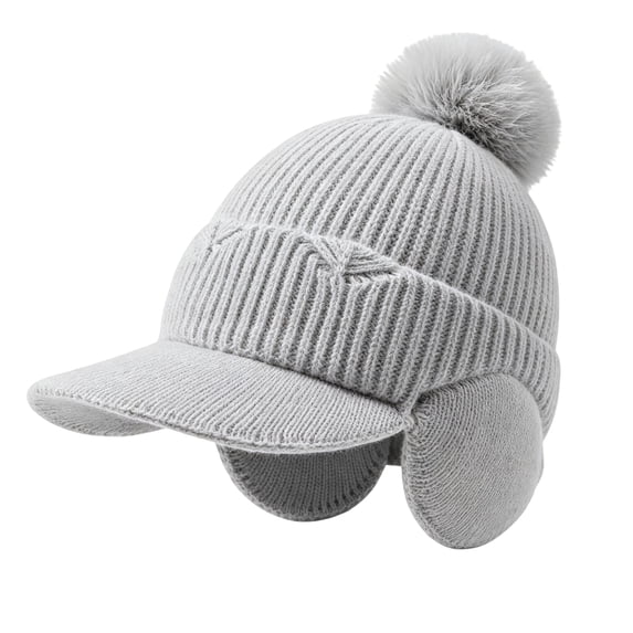 Fleece Beanie Hats with Earflaps Visor Brim Winter Knit Ski Cap Winter Hats for Women Pom Pom Ball Gray One Size