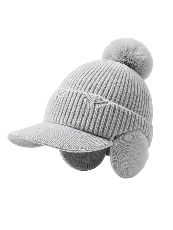 Fleece Beanie Hats with Earflaps Visor Brim Winter Knit Ski Cap Winter Hats for Women Pom Pom Ball Gray One Size
