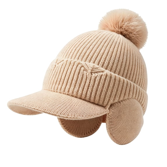 Fleece Beanie Hats with Earflaps Visor Brim Winter Knit Ski Cap Winter Hats for Women Pom Pom Ball Khaki One Size