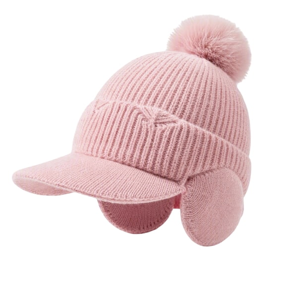 Fleece Beanie Hats with Earflaps Visor Brim Winter Knit Ski Cap Winter Hats for Women Pom Pom Ball Pink One Size
