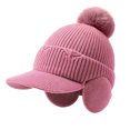 thumbnail image 1 of Fleece Beanie Hats with Earflaps Visor Brim Winter Knit Ski Cap Winter Hats for Women Pom Pom Ball Purple One Size, 1 of 5