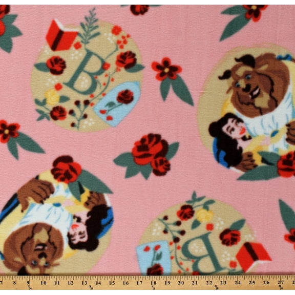 Fleece Beauty and the Beast Badges Disney Princesses Belle Roses Books Fairytale Girls Kids Characters Pink Fleece Fabric Print by the Yard (19026384) A327.20