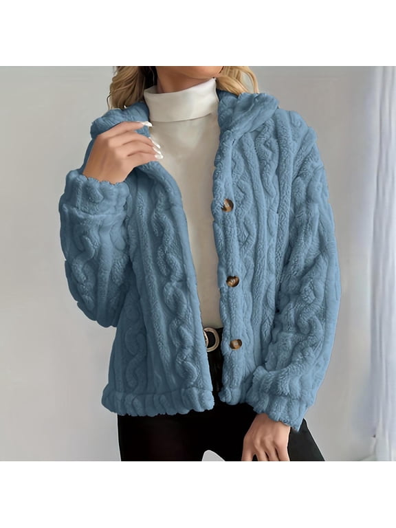 Fleece Bed Jackets for Women Long Sleeve Comfy Warm Button down Zip up Stand Collar Plus Size Winter Outerwear New Oversized Jacket for Women Lightweight Blue M