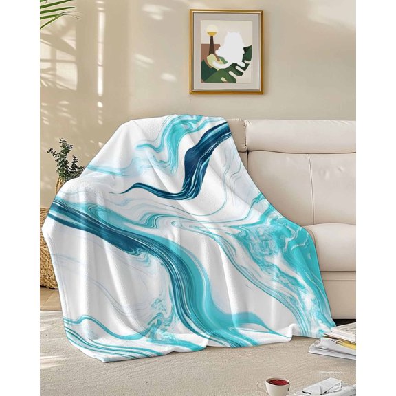 Fleece Blanket Abstract Blue Gradient Marble Blankets, Soft Cozy Warm Flannel Throw Blanket, Ombre Water Ripple Blanket for Bed Couch Sofa,50x60In
