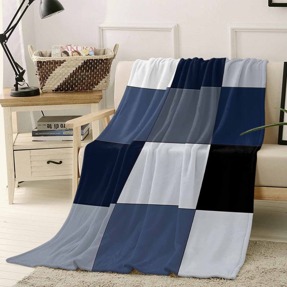 Fleece Blanket Abstract Blue Grey White Black Patchwork Blankets, Soft Cozy Warm Flannel Throw Blanket, Retro Art Blanket for Bed Couch Sofa,40x50In