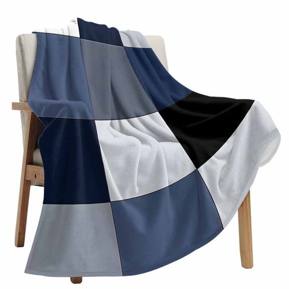 Fleece Blanket Abstract Blue Grey White Black Patchwork Blankets, Soft Cozy Warm Flannel Throw Blanket, Retro Art lanket for Bed Couch Sofa,50x80In