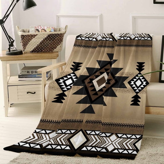 Fleece Blanket Abstract Boho Brown Geometric Pattern Blankets, Soft Cozy Warm Flannel Throw Blanket, Retro Southwest Theme Blanket for Bed Couch Sofa,40x50In