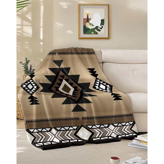 Fleece Blanket Abstract Boho Brown Geometric Pattern Blankets, Soft Cozy Warm Flannel Throw Blanket, Retro Southwest Theme Blanket for Bed Couch Sofa,50x60In