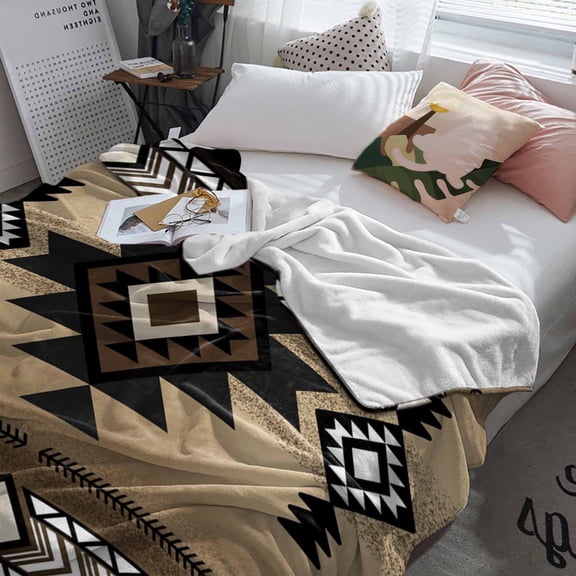 Fleece Blanket Abstract Boho Brown Geometric Pattern Blankets, Soft Cozy Warm Flannel Throw Blanket, Retro Southwest Theme Blanket for Bed Couch Sofa,60x80In