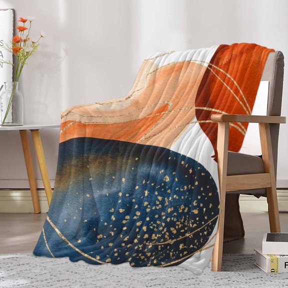 Fleece Blanket Abstract Boho Geometric Line Blankets, Soft Cozy Warm Flannel Throw Blanket, Ombre Navy Blue Burnt Orange Blanket for Bed Couch Sofa,30x40In