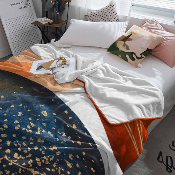 Fleece Blanket Abstract Boho Geometric Line Blankets, Soft Cozy Warm Flannel Throw Blanket, Ombre Navy Blue Burnt Orange Blanket for Bed Couch Sofa,60x80In