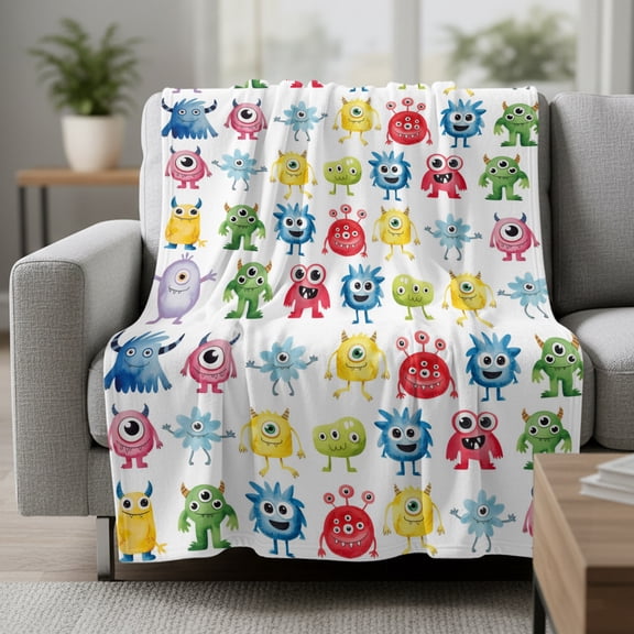 Fleece Blanket Abstract Cartoon Monsters Blankets,Soft Cozy Warm Flannel Throw Blanket,Seamless Colorful Cute Alien Blanket for Bed Couch Sofa 30x40in