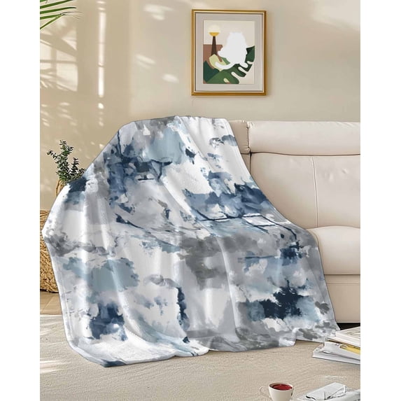Fleece Blanket Abstract Color Block Blue White Blankets, Soft Cozy Warm Flannel Throw Blanket, Modern Minimalist Art Blanket for Bed Couch Sofa,50x60In