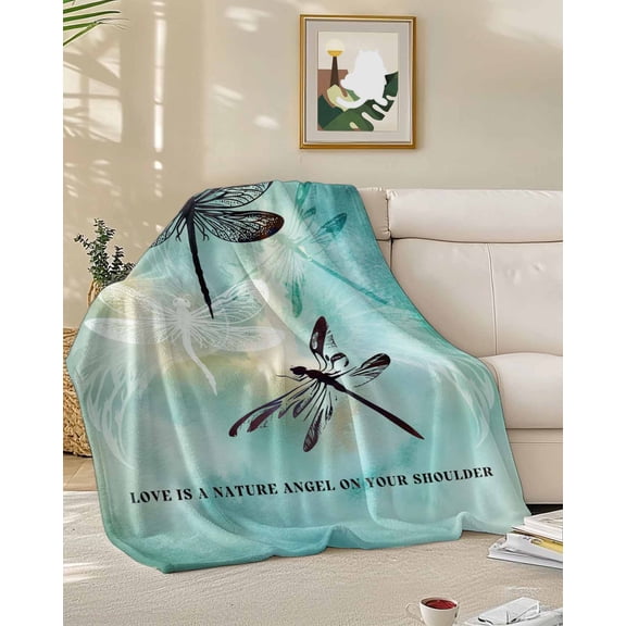 Fleece Blanket Abstract Dragonfly Pastoral Blankets, Soft Cozy Warm Flannel Throw Blanket, Gradient Turquoise Blanket for Bed Couch Sofa,50x60In