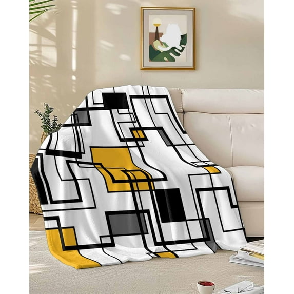 Fleece Blanket Abstract Geometric Line Blankets, Soft Cozy Warm Flannel Throw Blanket, Classic Yellow Black Check Blanket for Bed Couch Sofa,50x60In