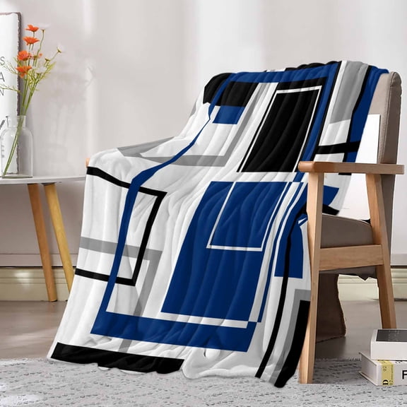 Fleece Blanket Abstract Geometric Navy Blue Color Block Blankets, Soft Cozy Warm Flannel Throw Blanket, Gray Stripe Modern Art Blanket for Bed Couch Sofa,30x40In