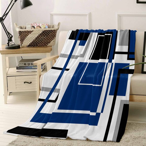 Fleece Blanket Abstract Geometric Navy Blue Color Block Blankets, Soft Cozy Warm Flannel Throw Blanket, Gray Stripe Modern Art Blanket for Bed Couch Sofa,40x50In