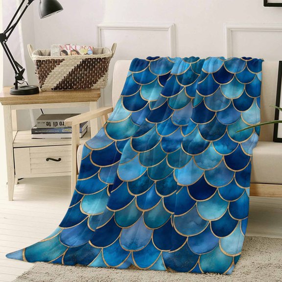 Fleece Blanket Abstract Geometric Patchwork Blankets, Soft Cozy Warm Flannel Throw Blanket, Retro Blue Gradient Pattern Blanket for Bed Couch Sofa,40x50In