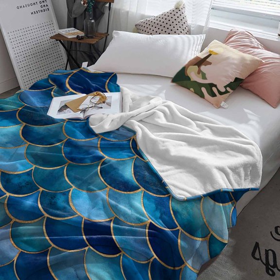 Fleece Blanket Abstract Geometric Patchwork Blankets, Soft Cozy Warm Flannel Throw Blanket, Retro Blue Gradient Pattern Blanket for Bed Couch Sofa,60x80In