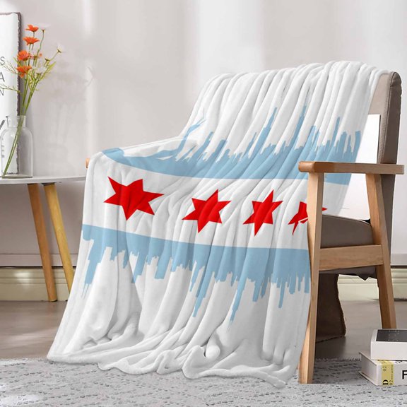 Fleece Blanket Abstract Geometric Red Star Blankets, Soft Cozy Warm Flannel Throw Blanket, Building Silhouette Ombre Blue Blanket for Bed Couch Sofa,30x40In