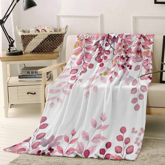 Fleece Blanket Abstract Gradient Pink Leaves Blankets, Soft Cozy Warm Flannel Throw Blanket, Farmhouse Foliage Watercolor Blanket for Bed Couch Sofa,40x50In