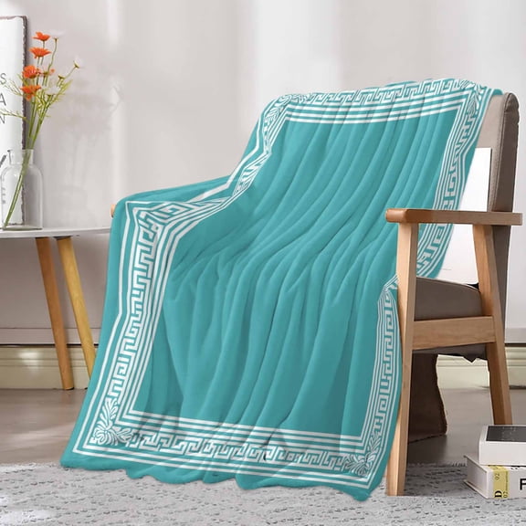 Fleece Blanket Abstract Greece Key Pattern Cyan Blankets, Soft Cozy Warm Flannel Throw Blanket, Minimalist Geometric Art Blanket for Bed Couch Sofa,30x40In