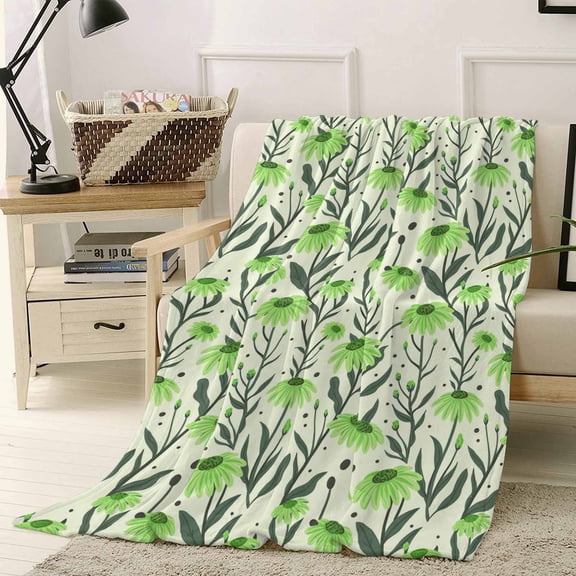 Fleece Blanket Abstract Green Daisy Flower Blankets, Soft Cozy Warm Flannel Throw Blanket, Watercolor Farm Floral Blanket for Bed Couch Sofa,40x50In