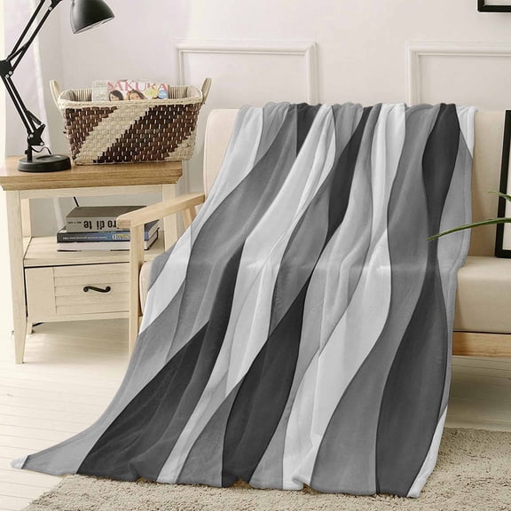 Fleece Blanket Abstract Grey Black Gradient Stripes Blankets, Soft Cozy Warm Flannel Throw Blanket, Modern Ripple Striped Blanket for Bed Couch Sofa,40x50In