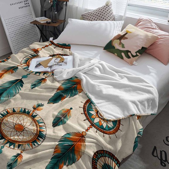 Fleece Blanket Abstract Indian Totem Blankets, Soft Cozy Warm Flannel Throw Blanket, Retro Ancient Patterns on Linen Blanket for Bed Couch Sofa,60x80In